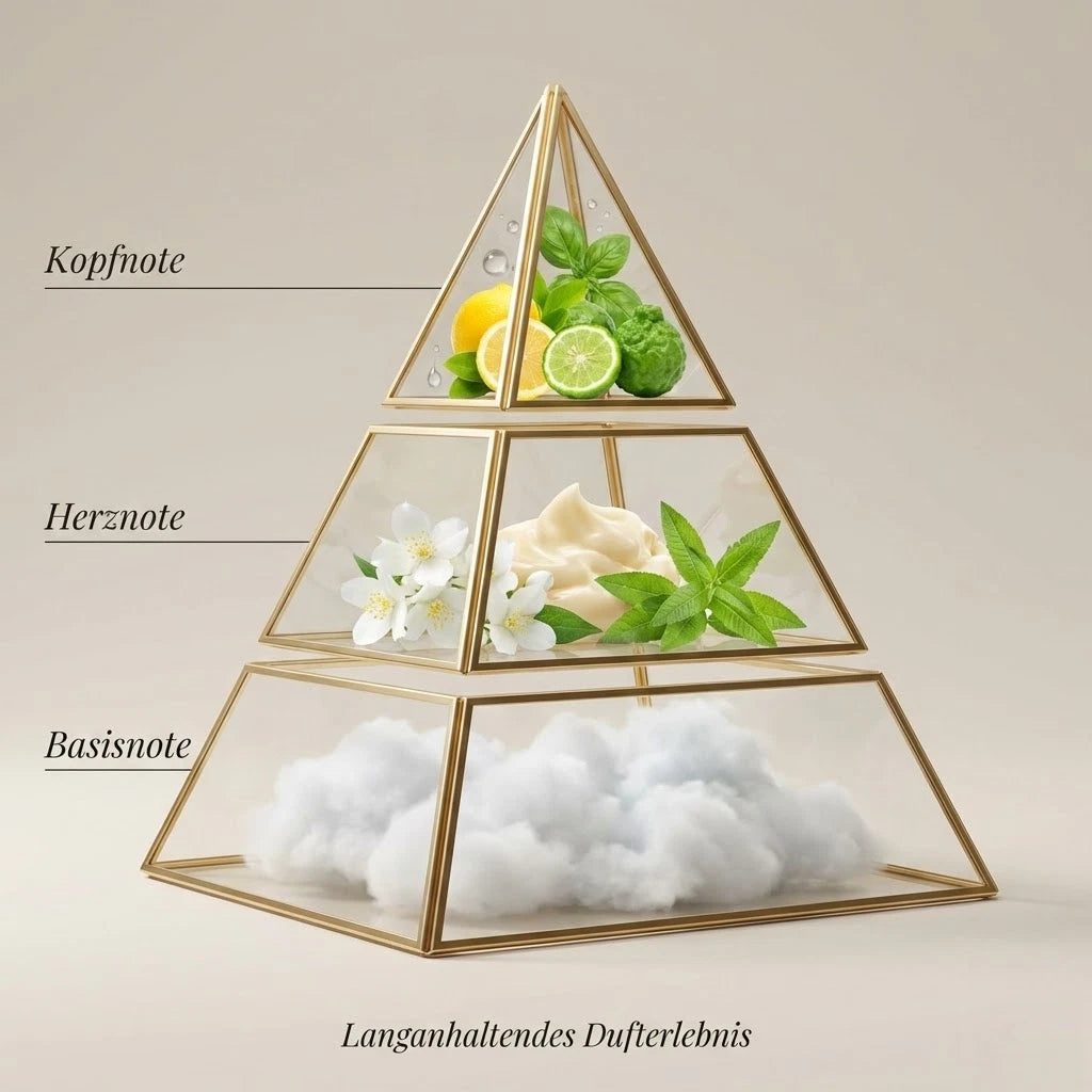 Visuelle Duftpyramide von Emir Voux Zingy: Kopfnote aus Zitrone, Bergamotte und Basilikum, Herznote aus Jasmin und Verveine, Basisnote aus flauschigem, weißem Moschus.