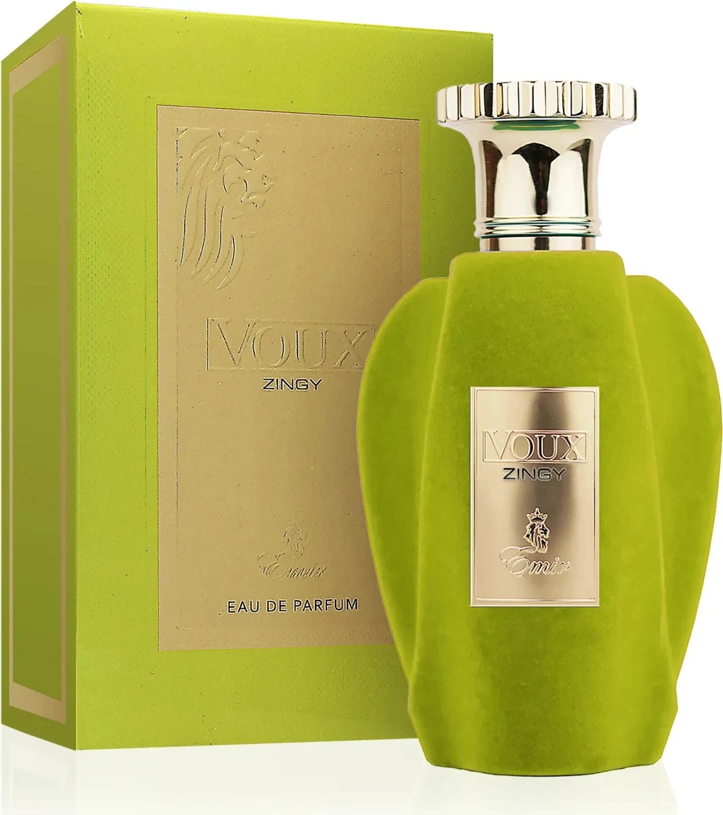 Das Emir Voux Zingy 100ml Unisex Parfum neben der dazugehörigen edlen, passend hellgrünen Originalverpackung.