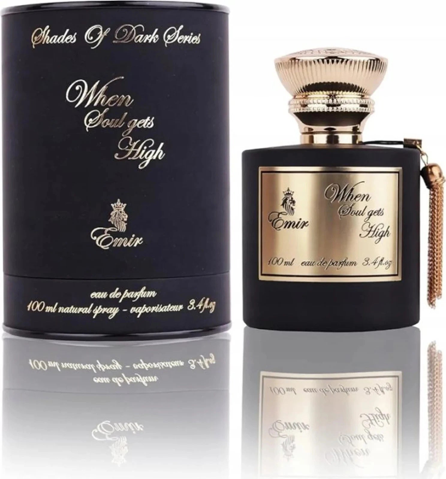 Das Emir When Soul Gets High 100ml Unisex Parfum neben der dazugehörigen luxuriösen, schwarzen Zylinder-Verpackung mit goldenen Details.