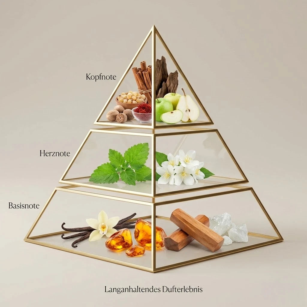 Visuelle Duftpyramide von Wild And Tobacco: Kopfnote mit Apfel, Oud, Zimt und Safran, Herznote mit Jasmin und Patschuli, Basisnote mit Vanille, Amber und Sandelholz.