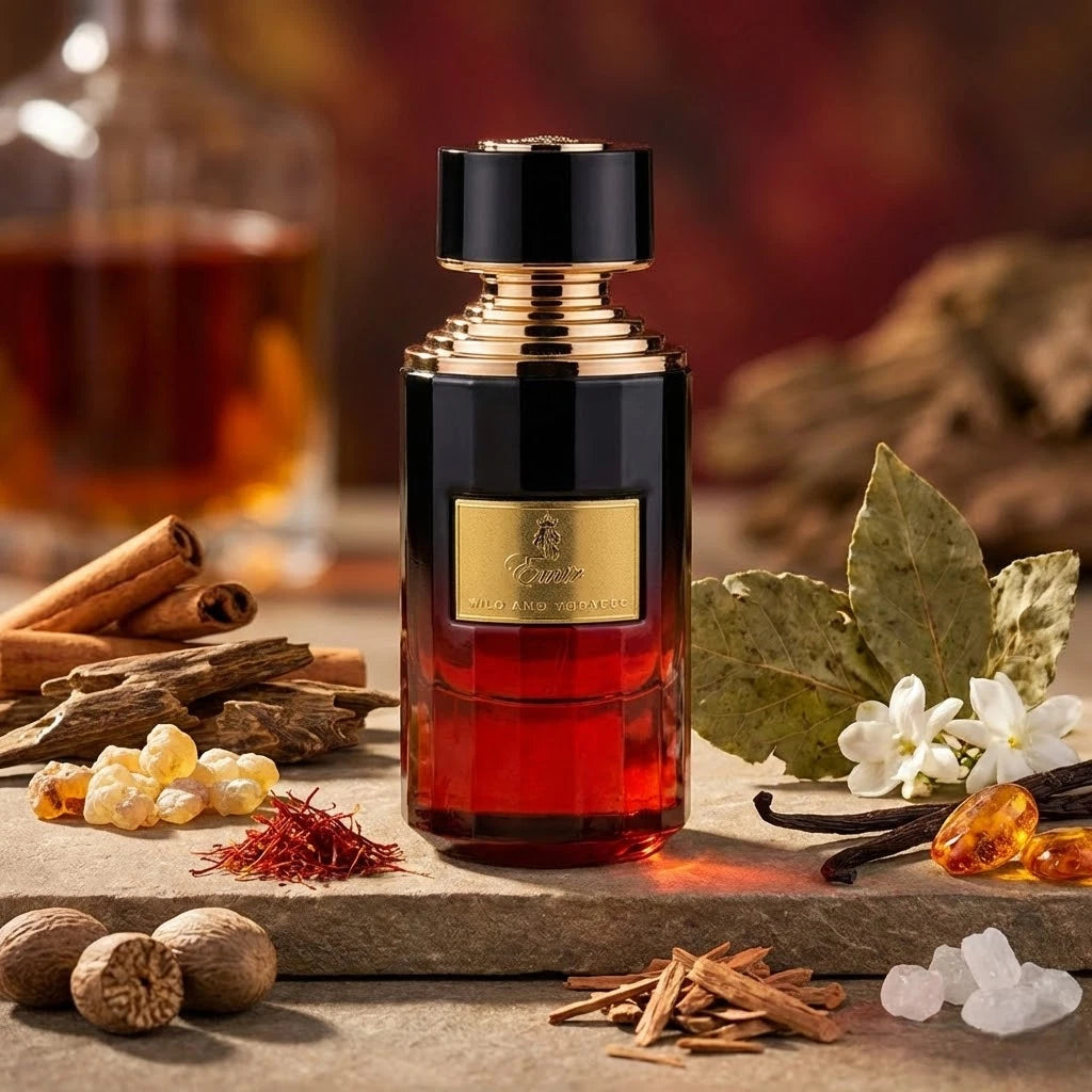 Der markante, rot-schwarze Glasflakon von Emir Wild And Tobacco, umgeben von Safranfäden, Zimtstangen, Oud-Holz und Harzen.