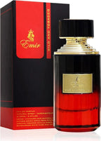 Das Emir Wild And Tobacco 75ml Unisex Parfum neben der dazugehörigen luxuriösen, rot-schwarzen Originalverpackung.