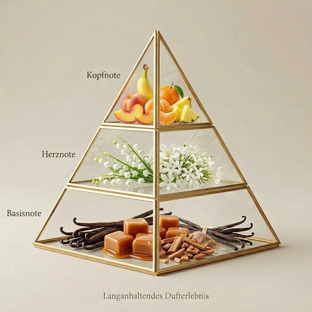 Visuelle Duftpyramide von Banana Split: Kopfnote mit Banane, Pfirsich, Orange und Ananas, Herznote mit weißen Blüten und Maiglöckchen, Basisnote mit Vanille, Karamell, Sandelholz und braunem Zucker.