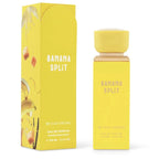 Der gelbe Flakon von Gulf Orchid Banana Split neben der dazugehörigen sommerlichen Originalverpackung mit dezenten floralen und fruchtigen Motiven.