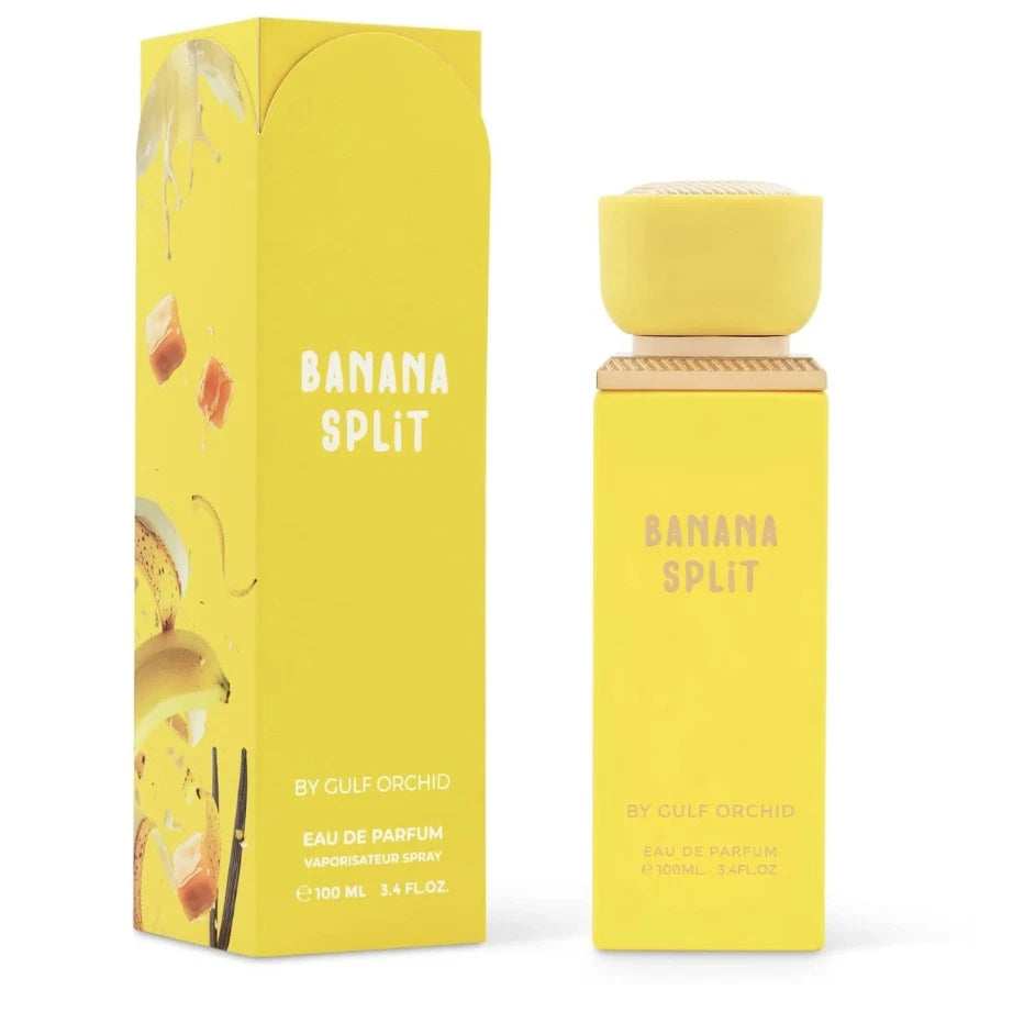 Der gelbe Flakon von Gulf Orchid Banana Split neben der dazugehörigen sommerlichen Originalverpackung mit dezenten floralen und fruchtigen Motiven.