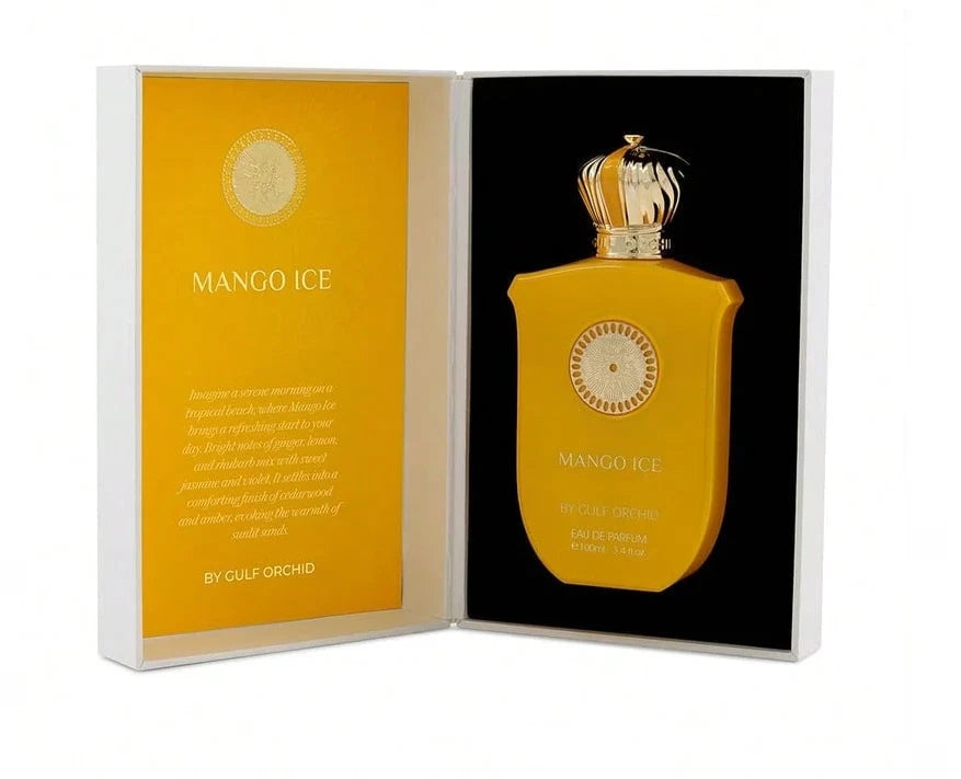 Das Gulf Orchid Mango Ice 100ml Unisex Parfum präsentiert in der luxuriösen, aufklappbaren gelben Originalverpackung mit goldenen Details.