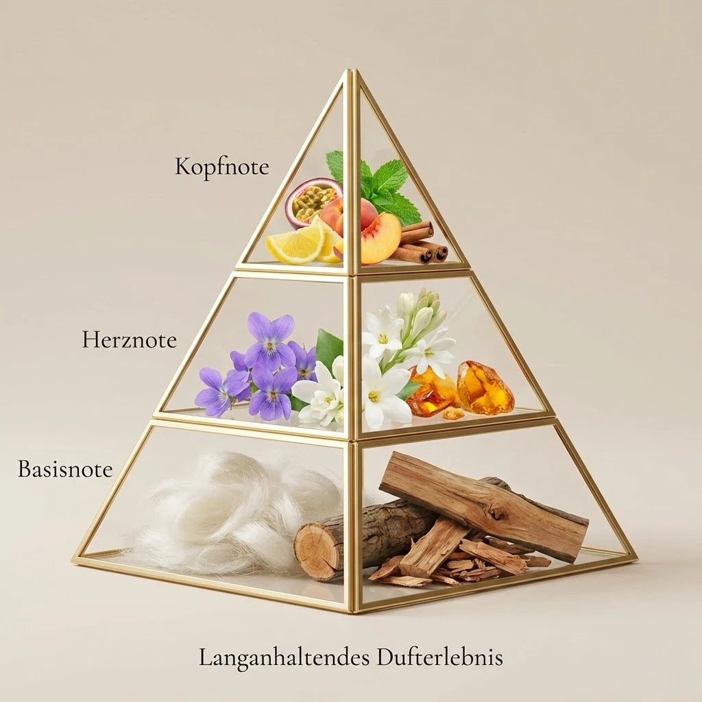 Visuelle Duftpyramide von Mojito Obsession: Kopfnote mit Minze, Zitrus, Passionsfrucht und Pfirsich, Herznote mit lila Veilchen, weißen Blüten und Amber, Basisnote mit weißem Moschus und edlen Hölzern.