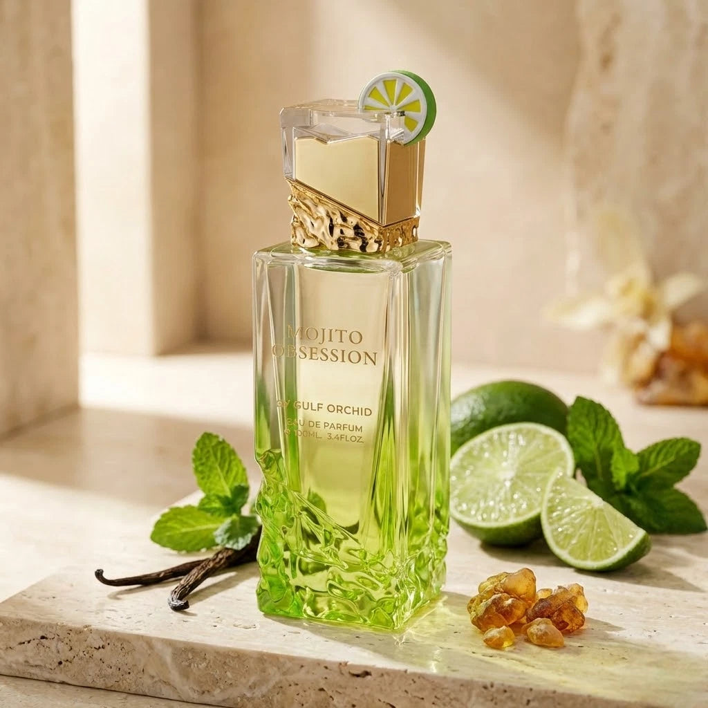 Stilvolle Präsentation des Gulf Orchid Mojito Obsession Flakons auf hellem Stein, sommerlich umgeben von frischen Limettenhälften und kühlenden Minzblättern.