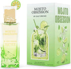 Das Gulf Orchid Mojito Obsession 100ml Unisex Parfum neben der dazugehörigen sommerlich hellgrünen Originalverpackung mit einem frischen Cocktail-Motiv.