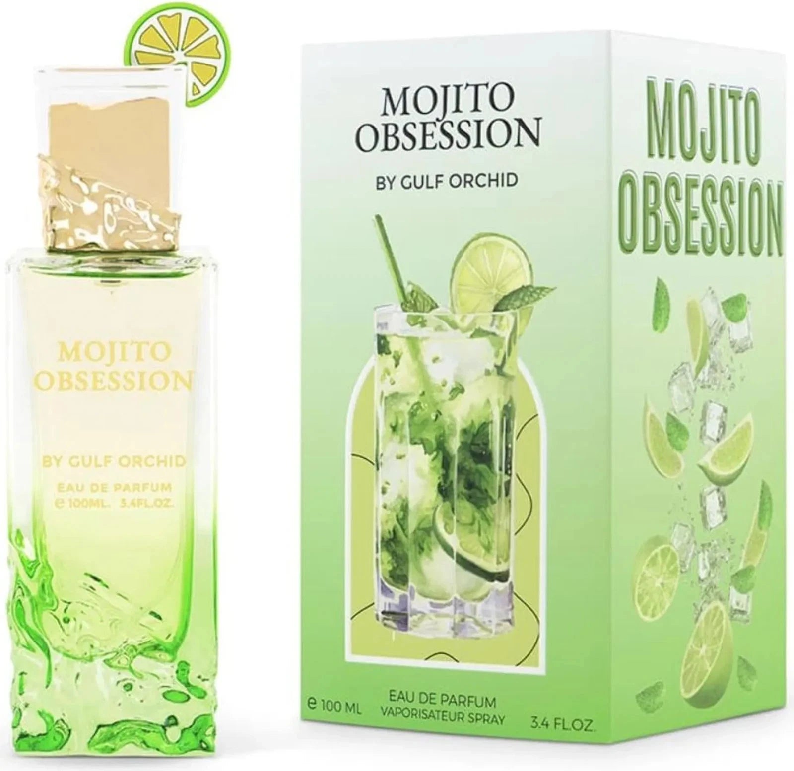 Das Gulf Orchid Mojito Obsession 100ml Unisex Parfum neben der dazugehörigen sommerlich hellgrünen Originalverpackung mit einem frischen Cocktail-Motiv.