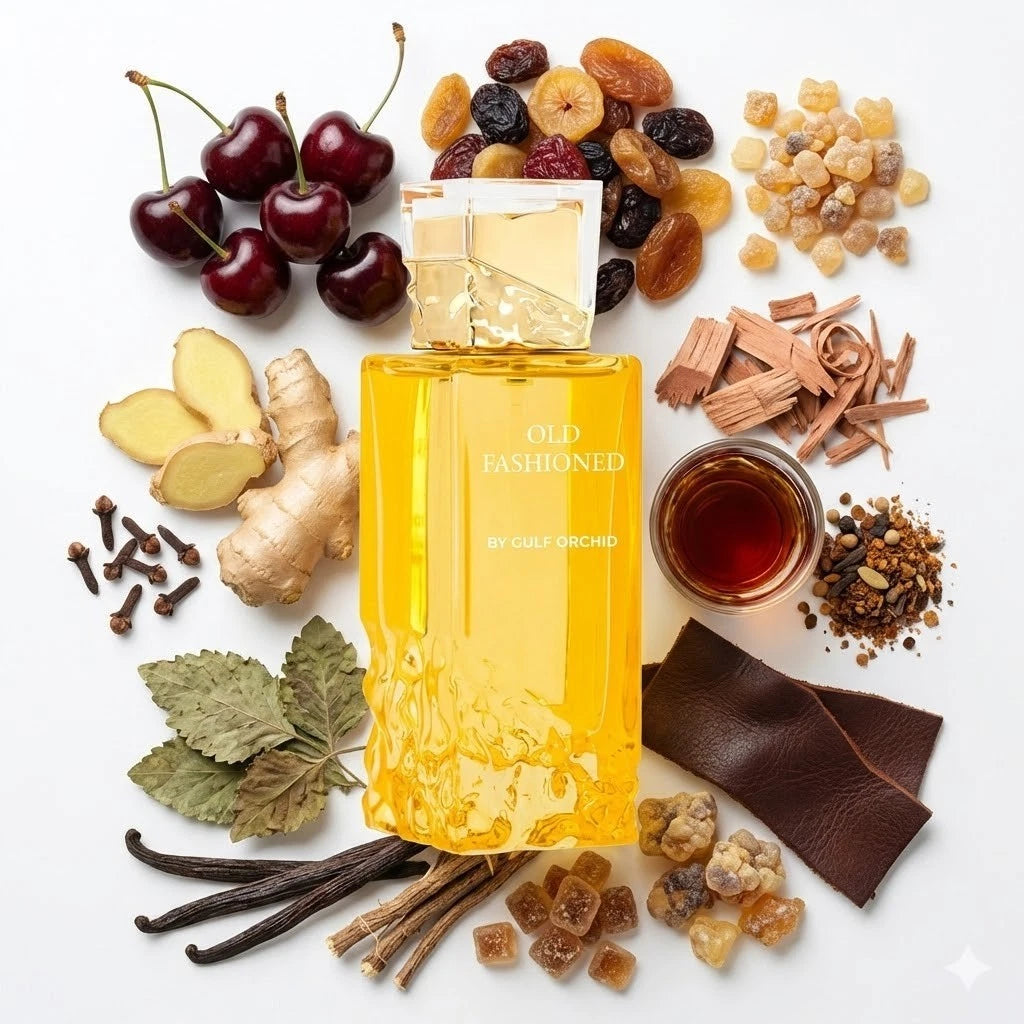 Ein luxuriöses Flatlay des Gulf Orchid Old Fashioned Parfums, umgeben von einem Glas Bourbon, Kirschen, aromatischen Gewürzen, Holzstücken und dunkler Schokolade.