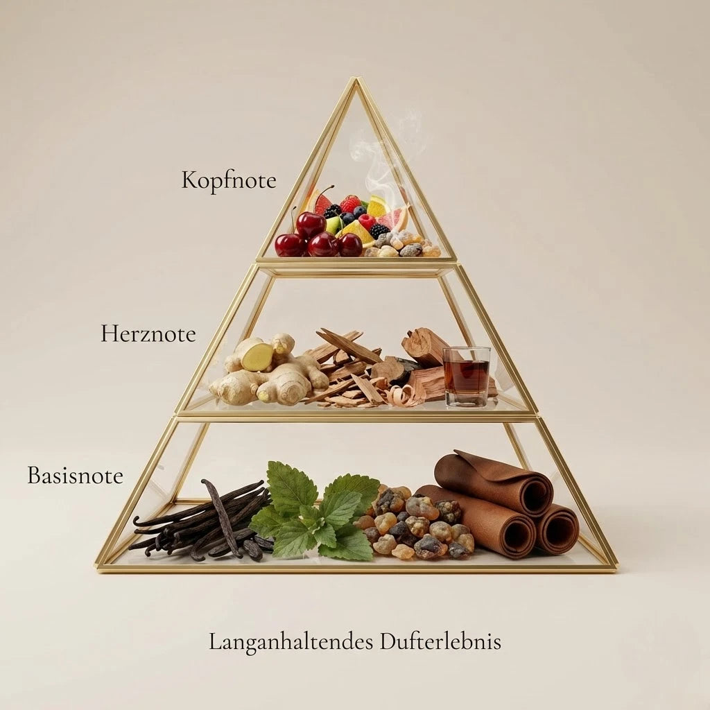 Visuelle Duftpyramide von Old Fashioned: Kopfnote mit Cocktail-Kirsche, Früchten und Zucker, Herznote mit Ingwerwurzel, Holz und einem Schuss Bourbon-Whiskey, Basisnote mit Vanilleschoten, Patschuli, Harzen und Lederrollen.