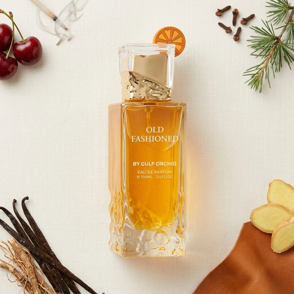 Der edle, goldene Glasflakon von Gulf Orchid Old Fashioned mit Orangenscheibe am Deckel, stilvoll arrangiert mit frischen Kirschen, Ingwer, Zimtnelken und Leder.