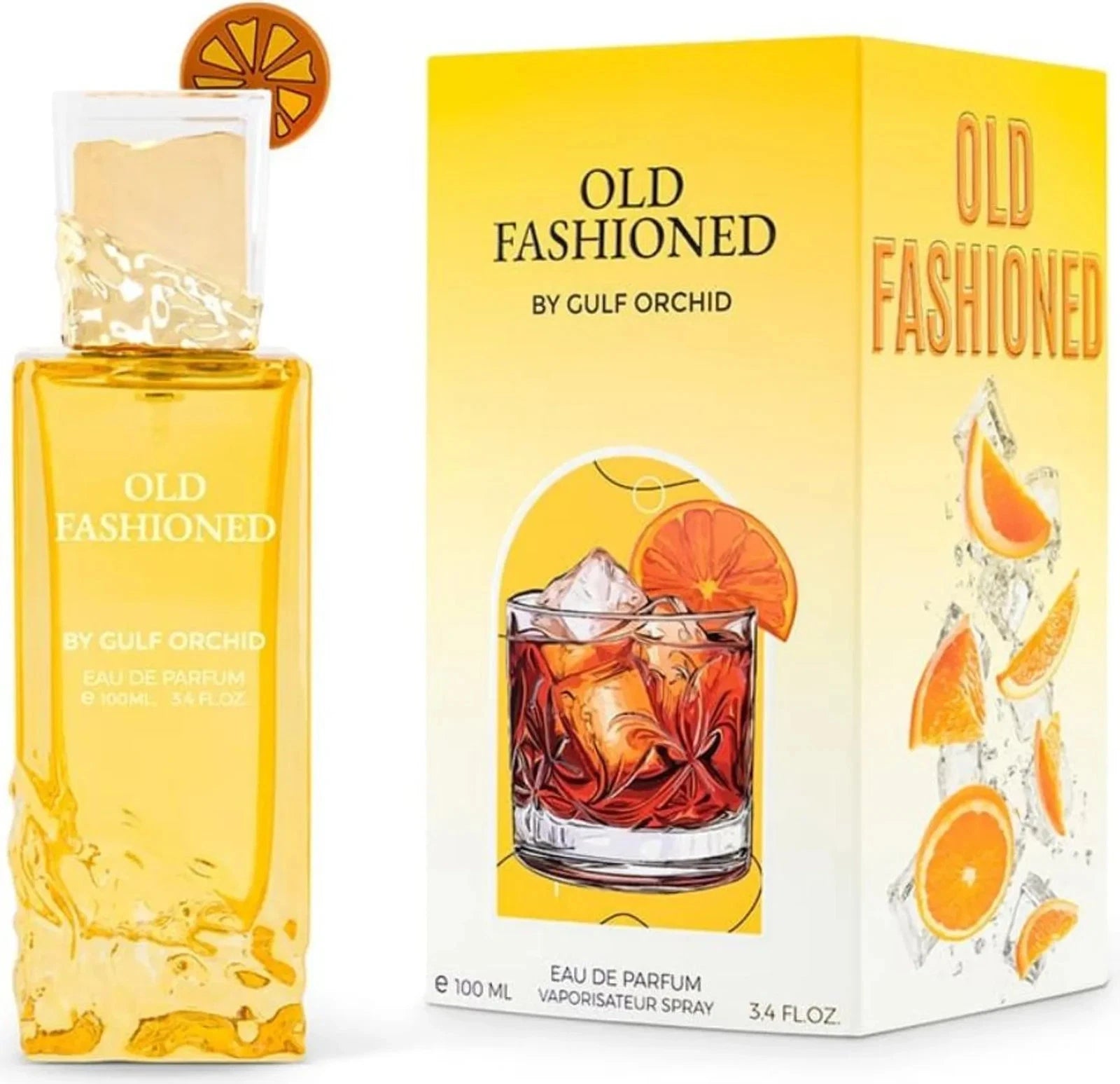 Das Gulf Orchid Old Fashioned 100ml Unisex Parfum neben der dazugehörigen leuchtend gelben Originalverpackung mit der stilvollen Illustration eines klassischen Old Fashioned Cocktails auf Eis.