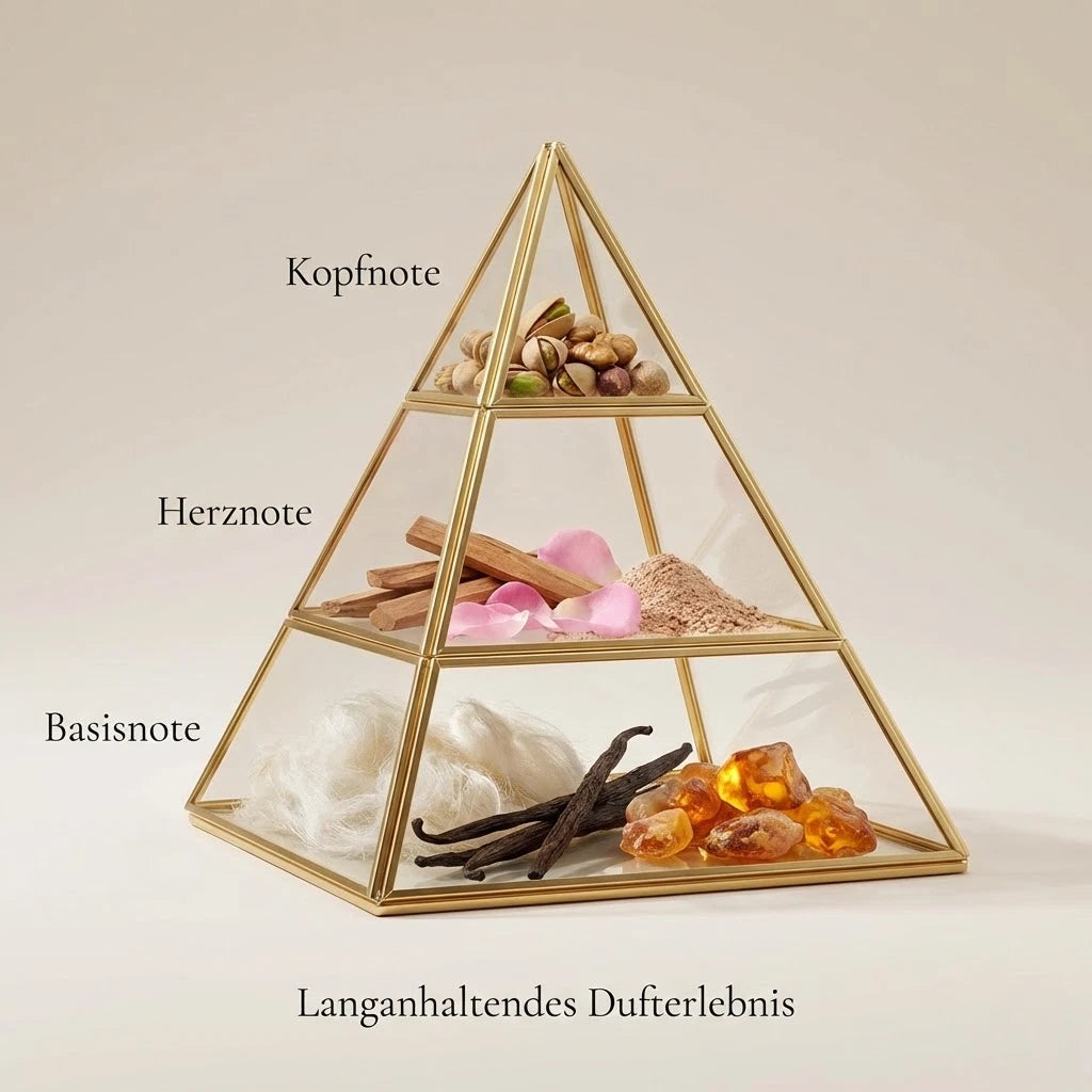 Visuelle Duftpyramide von Pistachio: Kopfnote mit gerösteten Pistazien und Nüssen, Herznote mit rosa Rosenblättern, Sandelholz und Puder, Basisnote mit fluffigem weißen Moschus, Vanille und Amber.