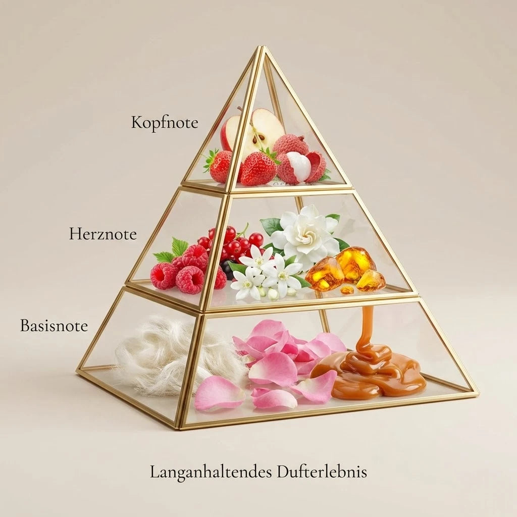 Visuelle Duftpyramide von Ruby Fizz: Kopfnote mit Apfel, Erdbeere und Lychee, Herznote mit Himbeere, Johannisbeere, weißen Blüten und Amber, Basisnote mit weißem Moschus, Rosenblättern und fließendem Karamell.
