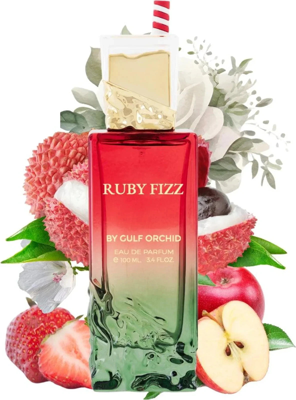 Der markante rot-grüne Glasflakon von Gulf Orchid Ruby Fizz mit Strohhalm-Deckel, fruchtig umgeben von frischen Erdbeeren, Lychee, Äpfeln und weißen Blüten.