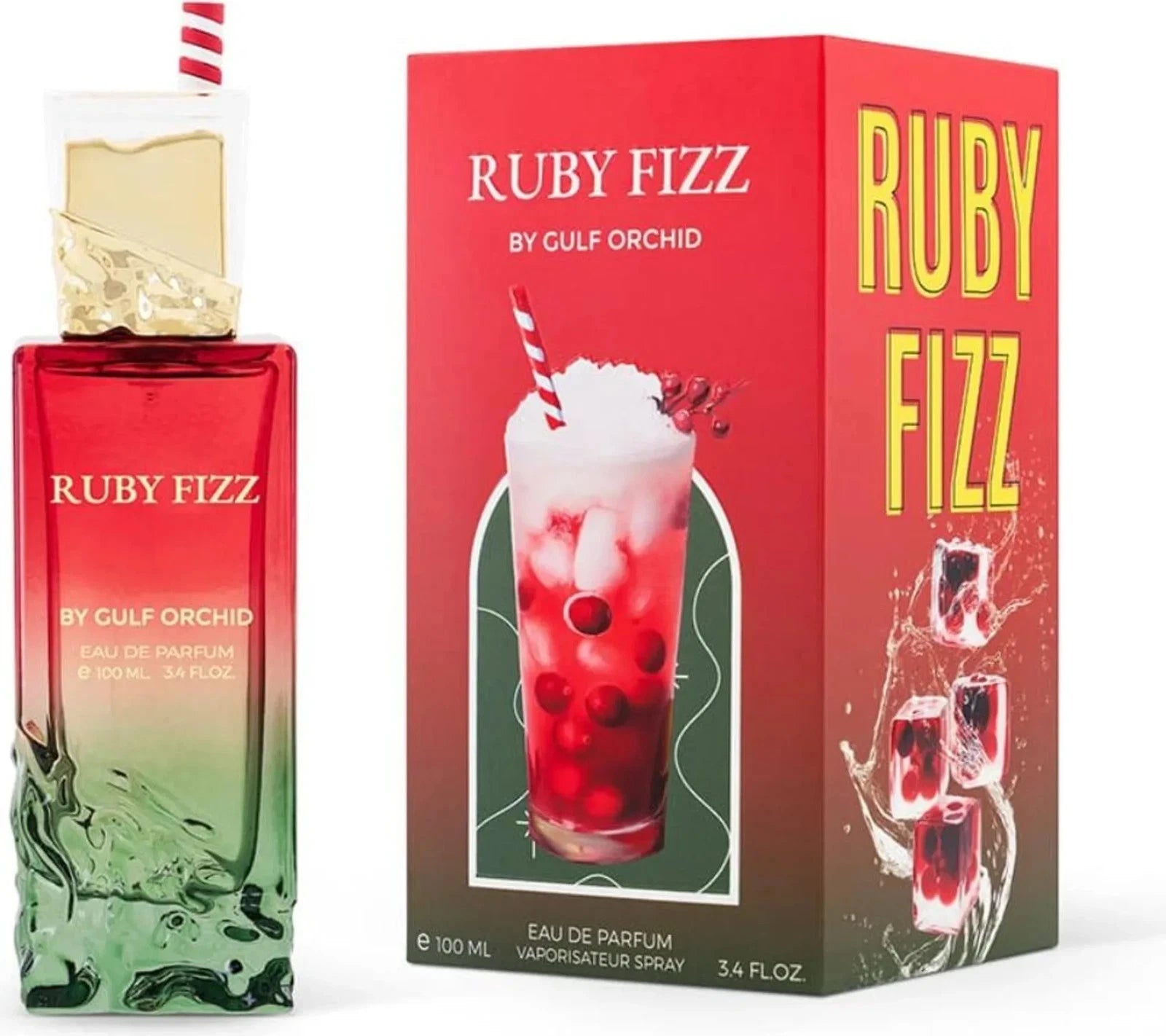Das Gulf Orchid Ruby Fizz 100ml Unisex Parfum präsentiert neben der dazugehörigen leuchtend roten Originalverpackung mit dem Bild eines eiskalten Sommer-Cocktails.
