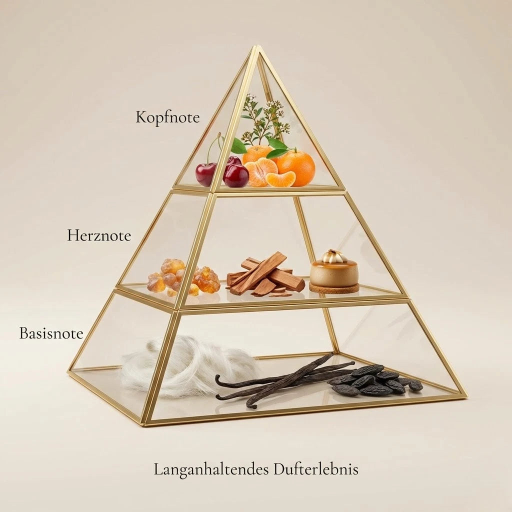 Visuelle Duftpyramide von Sweet Heaven Cherry: Kopfnote mit saftiger Kirsche, Mandarine und Zitrus, Herznote mit warmen Harzen, Sandelholz und Karamell-Dessert, Basisnote mit weißem Moschus, Vanilleschoten und Tonkabohne.