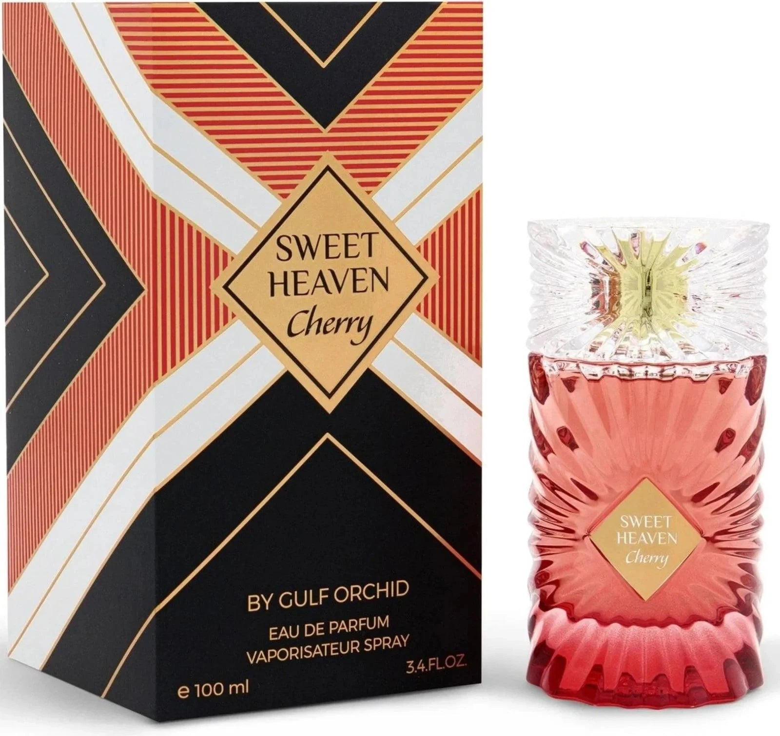 Das Gulf Orchid Sweet Heaven Cherry 100ml Unisex Parfum neben der dazugehörigen edlen Originalverpackung mit auffälligem geometrischem Muster in Rot, Schwarz und Gold.