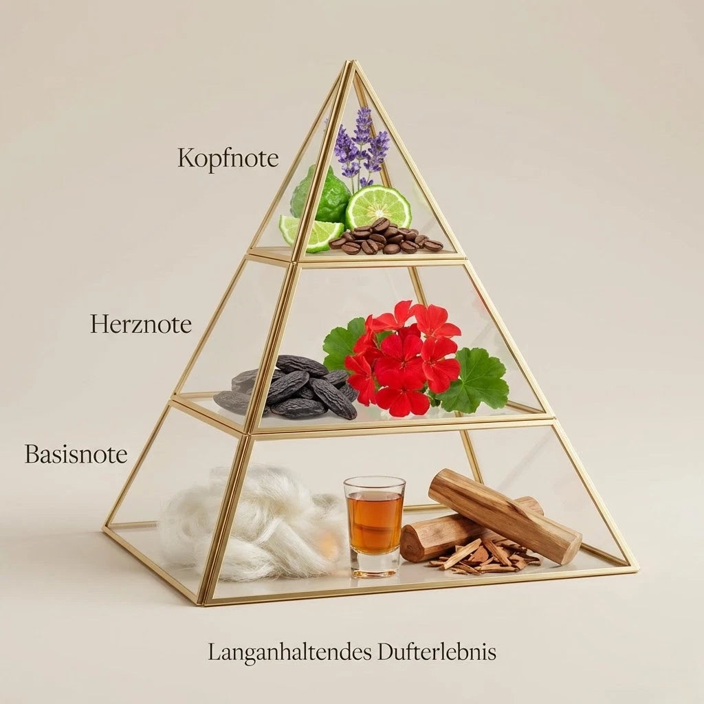 Visuelle Duftpyramide von Sweet Heaven Extreme: Kopfnote mit Lavendel, Bergamotte und Kaffeebohnen, Herznote mit roter Geranie und Tonkabohne, Basisnote mit Sandelholz, weißem Moschus und einem Schuss Likör.