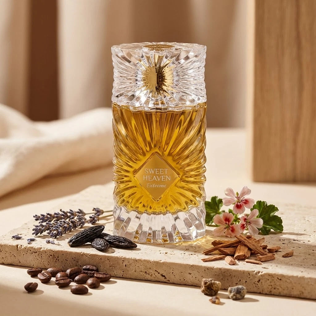 Der aufwendig geschliffene Glasflakon von Gulf Orchid Sweet Heaven Extreme, elegant präsentiert auf einer Steinplatte, umgeben von Kaffeebohnen, Lavendel, Tonkabohne und Geranienblüten.