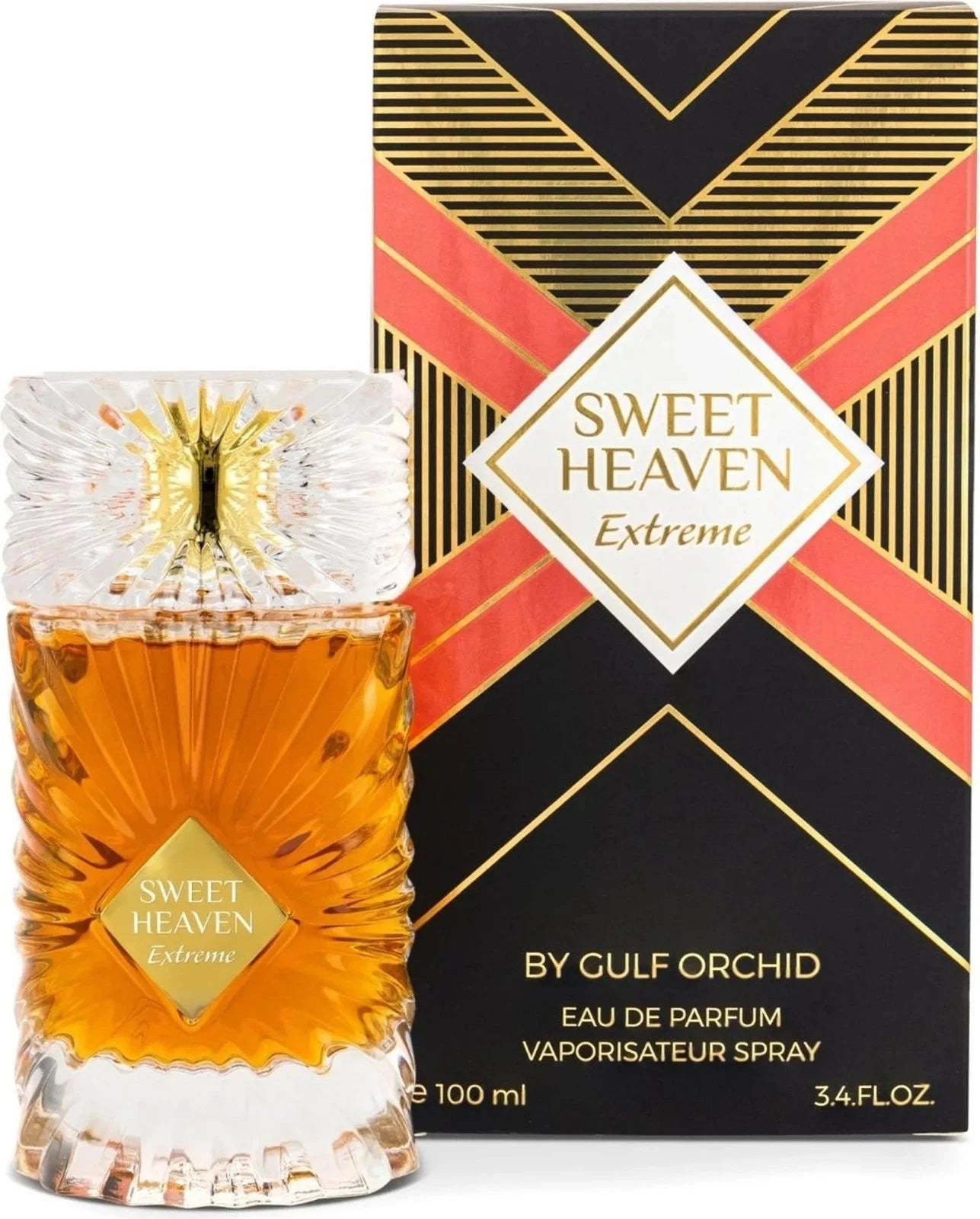 Das Gulf Orchid Sweet Heaven Extreme 100ml Unisex Parfum neben der dazugehörigen edlen Originalverpackung in Schwarz mit markanten roten und goldenen Akzenten.