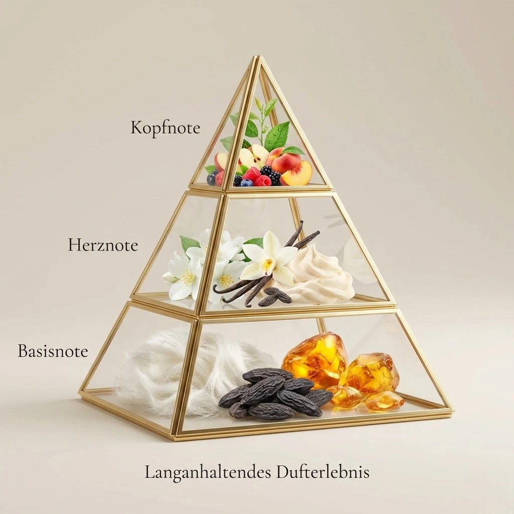 Visuelle Duftpyramide von Tahara Vanilla: Kopfnote mit Apfel, Pfirsich, Beeren und grünen Blättern, Herznote mit weißen Blüten, Vanilleschoten und süßer Vanillecreme, Basisnote mit weißem Moschus, Tonkabohne und goldenem Amber.
