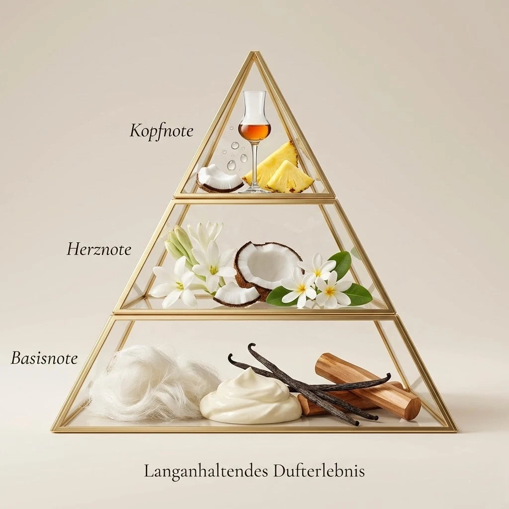 Visuelle Duftpyramide von Tahiti Colada: Kopfnote mit Rum, frischer Kokosnuss und Ananas, Herznote mit weißen Blüten und Kokos, Basisnote mit weißem Moschus, Vanillecreme, Vanilleschoten und Sandelholz.