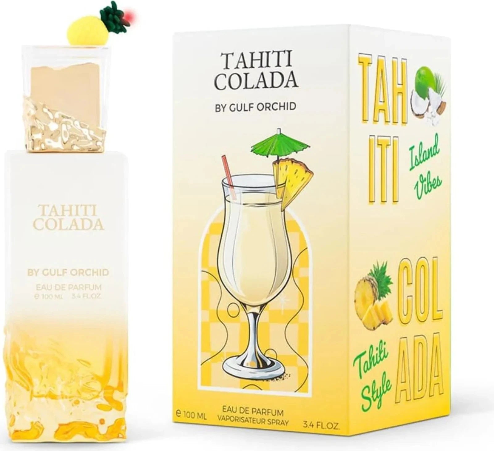 Das Gulf Orchid Tahiti Colada 100ml Unisex Parfum neben der dazugehörigen sommerlichen Originalverpackung mit der Illustration eines cremigen Piña Colada Cocktails.
