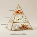 Visuelle Duftpyramide von Vanilla Addiction: Kopfnote mit süßen Karamellwürfeln und Mandeln, Herznote mit frischer Vanille und weißen Blüten, Basisnote mit weißem Moschus und edlem Sandelholz.