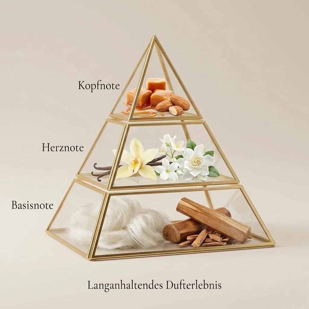 Visuelle Duftpyramide von Vanilla Addiction: Kopfnote mit süßen Karamellwürfeln und Mandeln, Herznote mit frischer Vanille und weißen Blüten, Basisnote mit weißem Moschus und edlem Sandelholz.