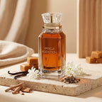 Stilvolle Präsentation des Gulf Orchid Vanilla Addiction Flakons auf einem hellen Steinpodest, warm dekoriert mit Karamellwürfeln, Vanilleblüten und Gewürzen.