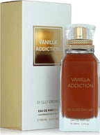 Das Gulf Orchid Vanilla Addiction 100ml Unisex Parfum präsentiert neben der dazugehörigen edlen, weißen Originalverpackung mit goldenen Akzenten.