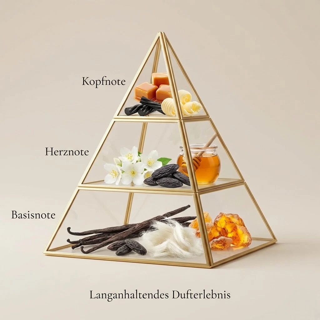 Visuelle Duftpyramide von Vanilla Latte: Kopfnote mit cremigem Karamell, Butter und dunklem Lakritz, Herznote mit fließendem Honig, weißen Blüten und Tonkabohne, Basisnote mit Vanilleschoten, weißem Moschus und Amber.