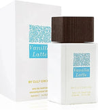 Das Gulf Orchid Vanilla Latte 100ml Unisex Parfum präsentiert neben der dazugehörigen weißen Originalverpackung mit hellblauen Akzenten und strukturierter Oberfläche.