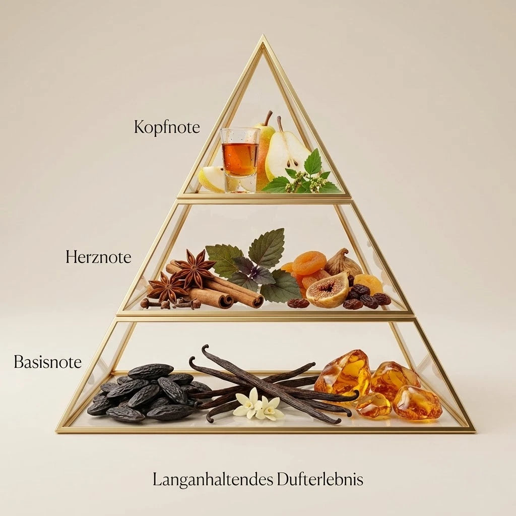 Visuelle Duftpyramide von Vanilla on the Beach: Kopfnote mit Rum, Birne und Minze, Herznote mit getrockneten Feigen, Rosinen, Sternanis und Zimt, Basisnote mit Vanilleschoten, Tonkabohne und goldenem Amber.