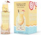 Das Gulf Orchid Vanilla on the Beach 100ml Unisex Parfum neben der dazugehörigen sommerlichen Originalverpackung mit der Illustration eines Vanille-Cocktails am Strand.