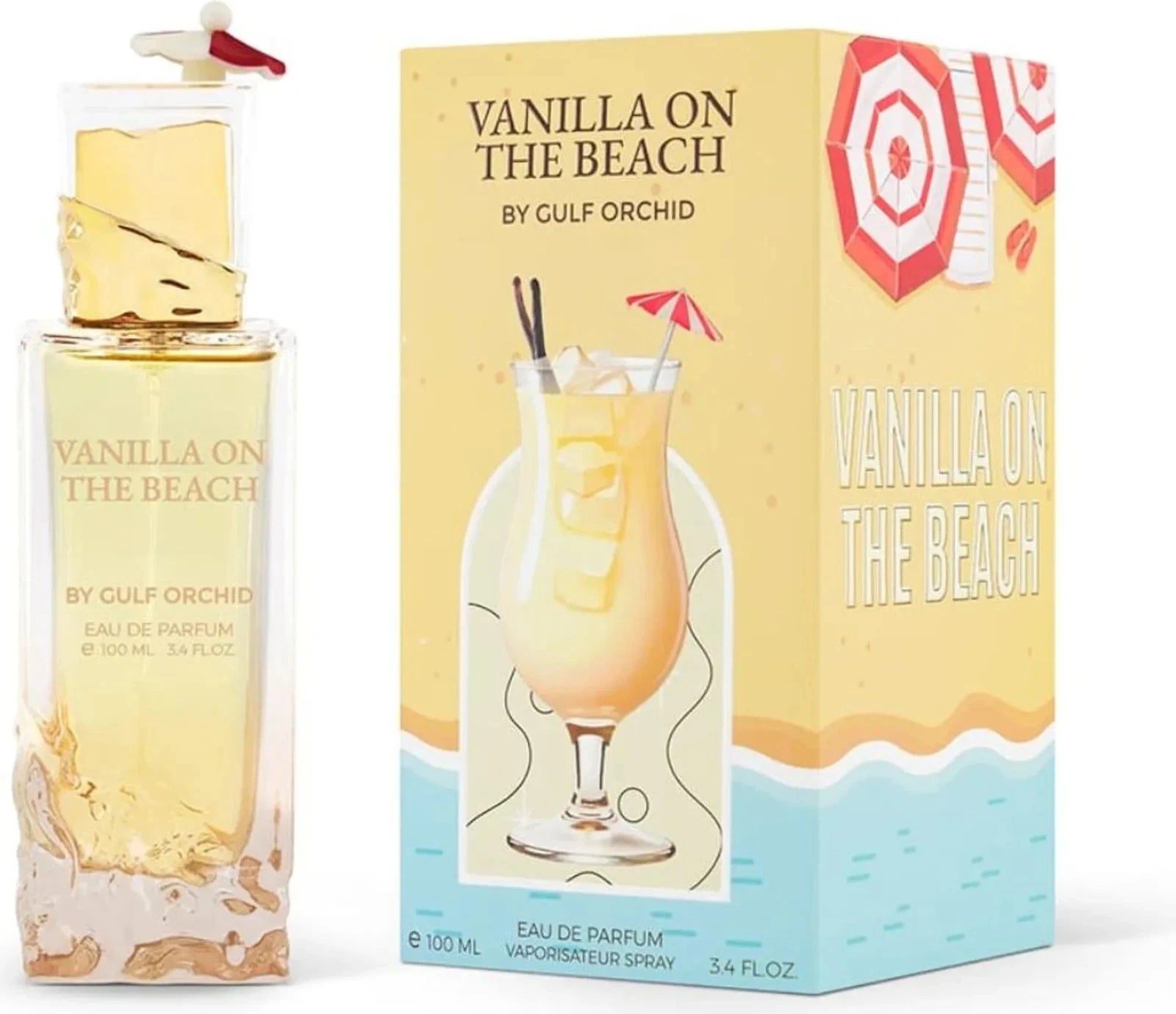 Das Gulf Orchid Vanilla on the Beach 100ml Unisex Parfum neben der dazugehörigen sommerlichen Originalverpackung mit der Illustration eines Vanille-Cocktails am Strand.