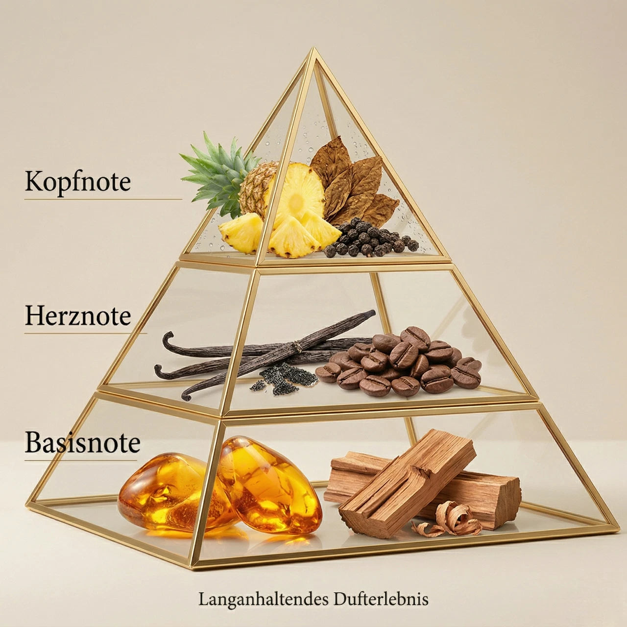Visuelle Duftpyramide von Lattafa Asad: Kopfnote mit saftiger Ananas, Tabakblättern und schwarzem Pfeffer, Herznote mit Vanille und Kaffeebohnen, Basisnote mit Amber und edlem Holz.