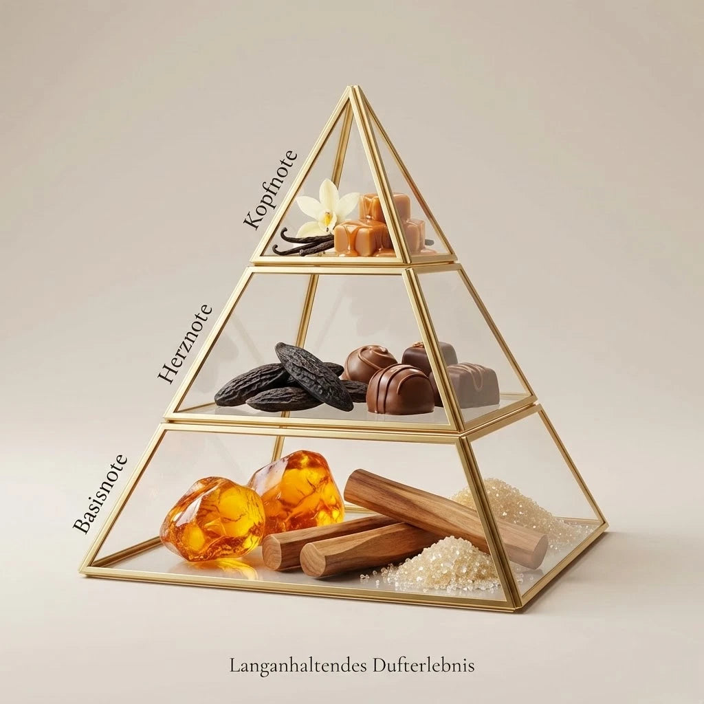 Visuelle Duftpyramide von Lattafa Eclaire: Kopfnote mit Vanille und Karamell, Herznote mit Tonkabohne und Schokoladen-Pralinen, Basisnote mit Amber, Holz und braunem Zucker.