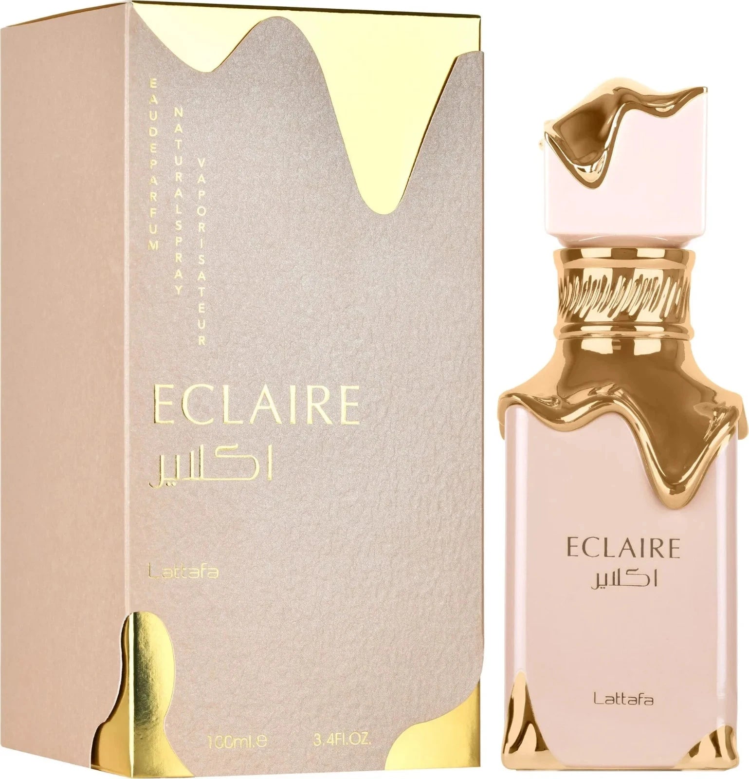 Das Lattafa Eclaire 100ml Damen Parfum neben der dazugehörigen rosa Originalverpackung mit dem markanten, schmelzenden Gold-Design.