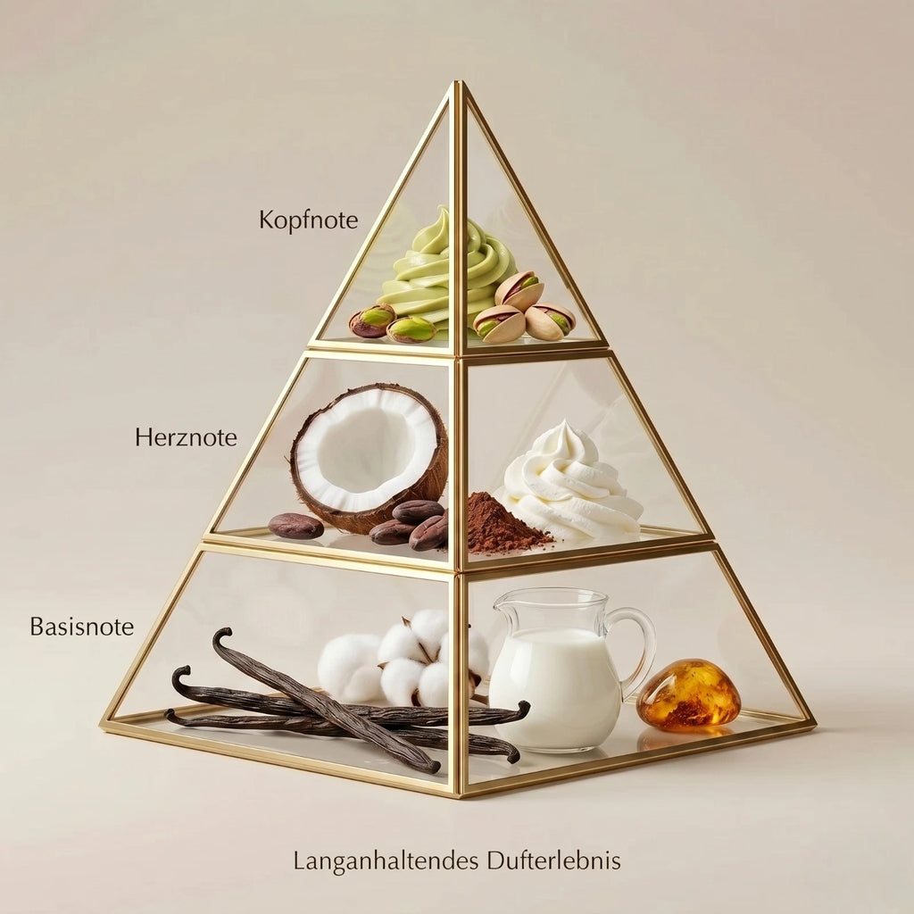Visuelle Duftpyramide von Eclaire Pistache: Kopfnote mit cremigem Pistazieneis und Nüssen, Herznote mit frischer Kokosnuss, Kakaonibs und aufgeschlagener Sahne, Basisnote mit Vanilleschoten, Moschus, Milch und Amber.