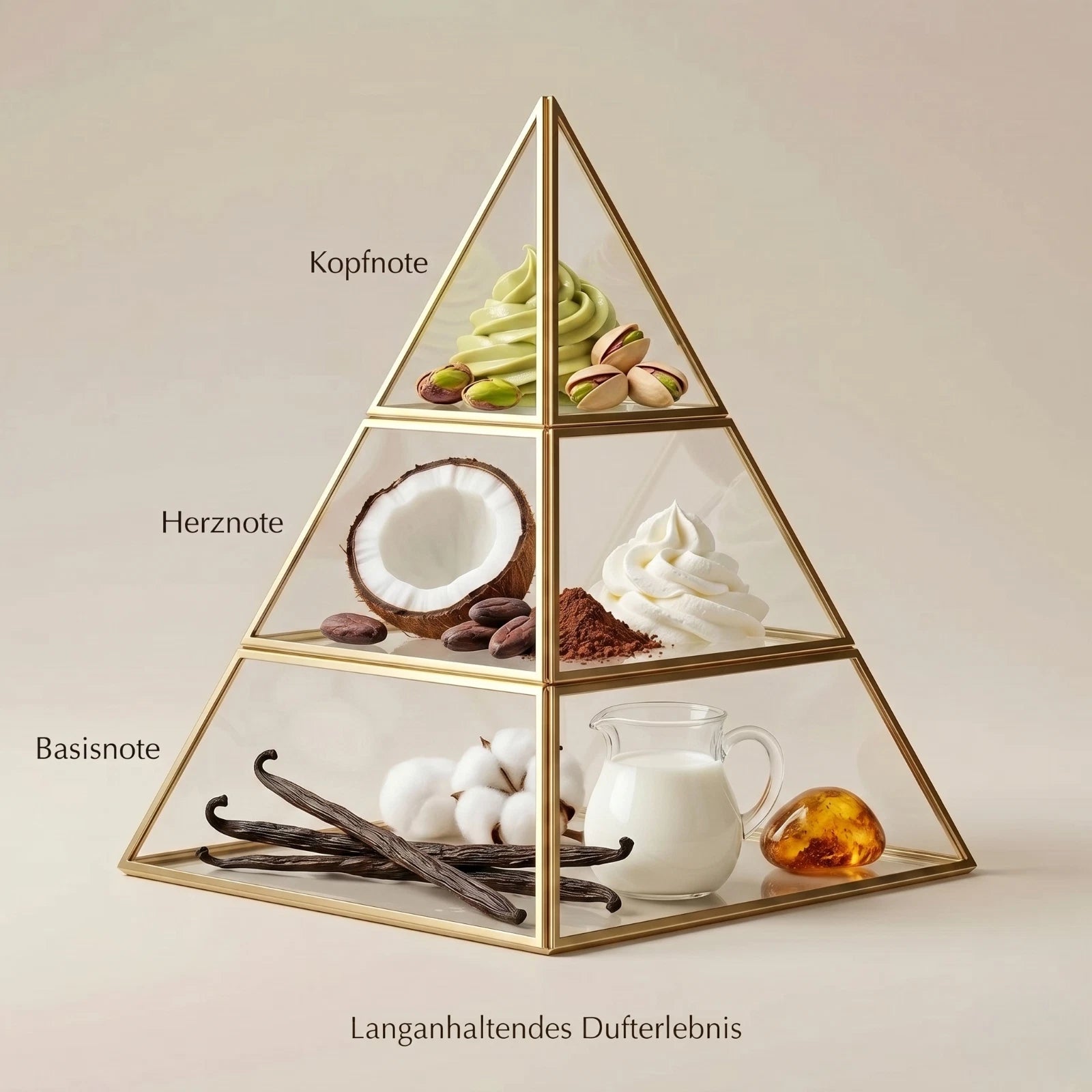 Visuelle Duftpyramide von Eclaire Pistache: Kopfnote mit cremigem Pistazieneis und Nüssen, Herznote mit frischer Kokosnuss, Kakaonibs und aufgeschlagener Sahne, Basisnote mit Vanilleschoten, Moschus, Milch und Amber.