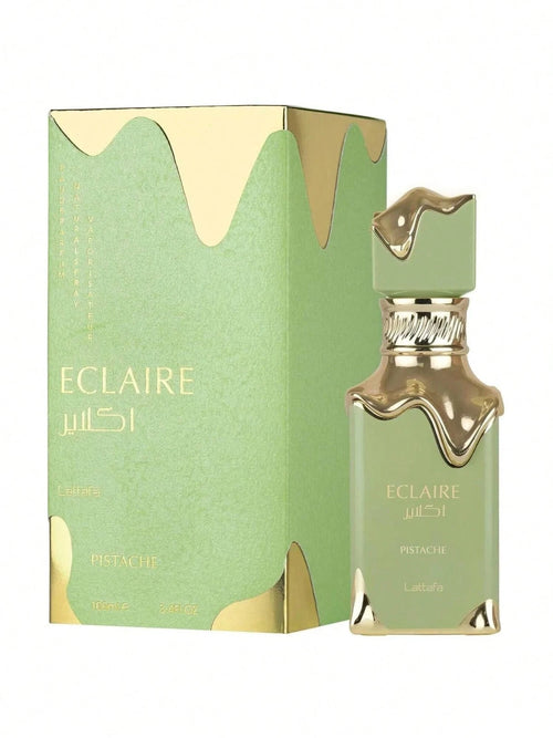 Das Lattafa Eclaire Pistache 100ml Damen Parfum präsentiert neben der dazugehörigen leuchtend grünen Originalverpackung mit goldenen Akzenten.