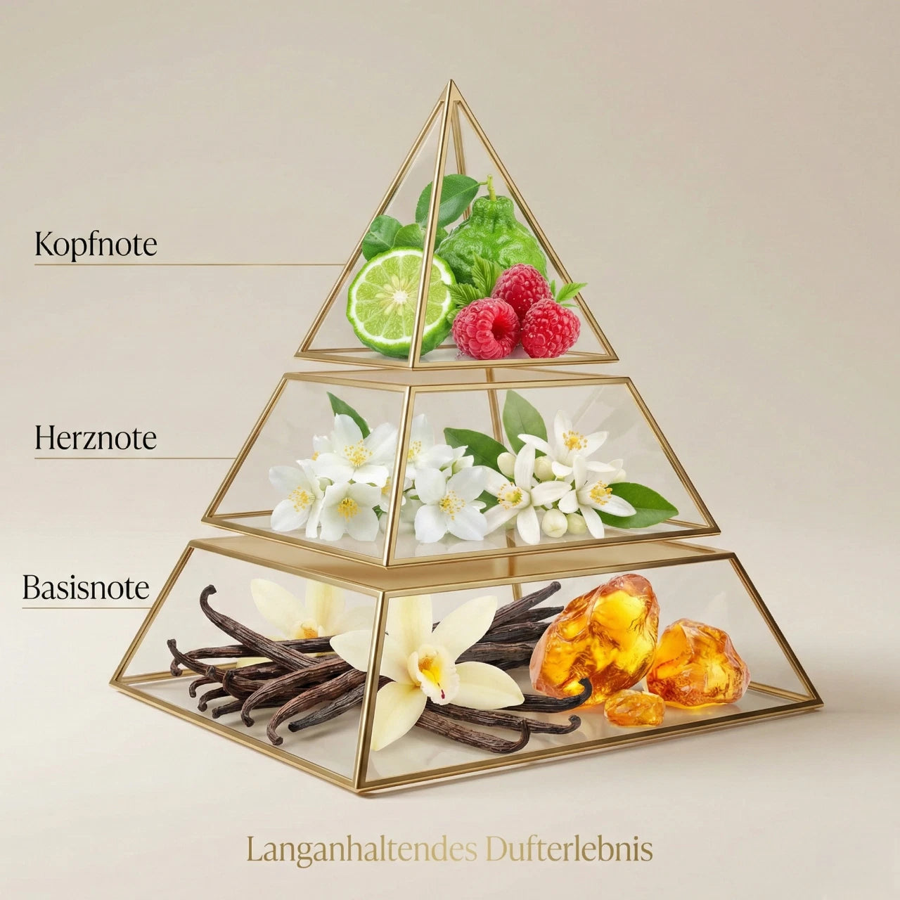 Visuelle Duftpyramide von Lattafa Her Confession: Kopfnote mit Zitrus und Himbeere, Herznote mit Jasmin und Orangenblüten, Basisnote mit Vanille und Amber.