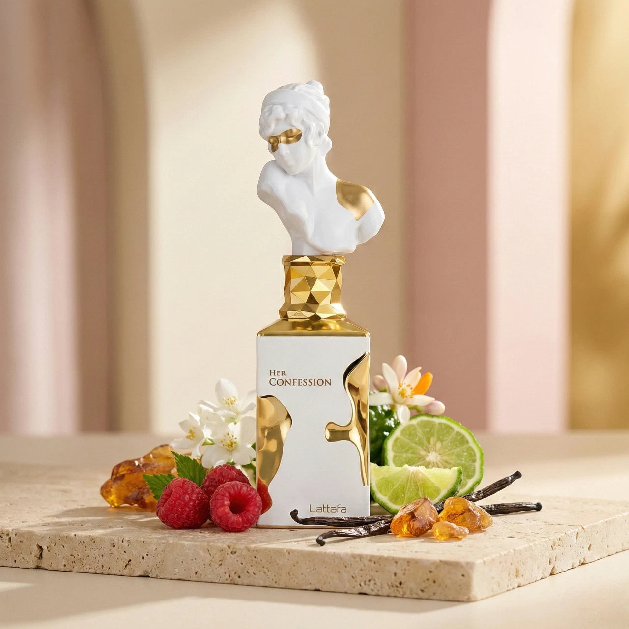 Das Lattafa Her Confession Parfum elegant arrangiert auf einem hellen Stein, umgeben von floralen Noten, Himbeeren und Vanilleschoten.