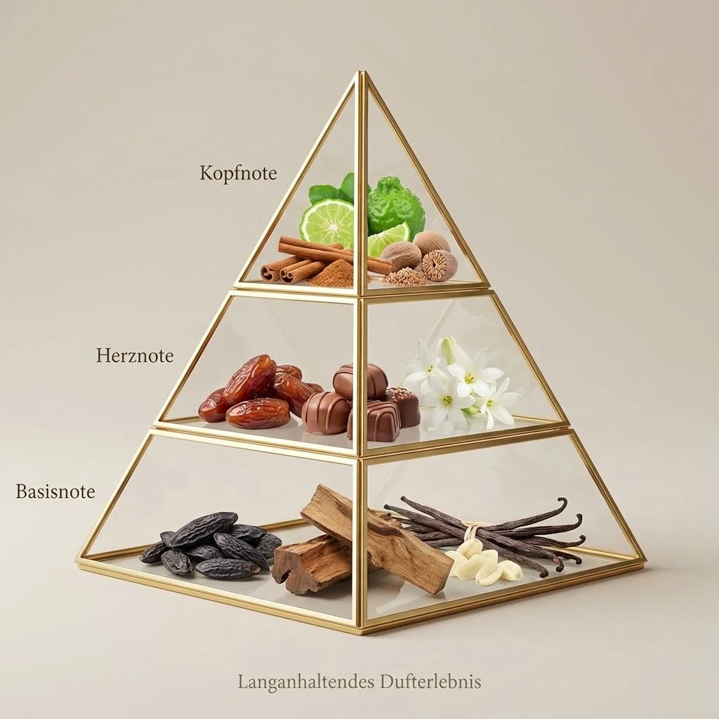 Visuelle Duftpyramide von Lattafa Khamrah: Kopfnote mit Zimt, Muskatnuss und Zitrus, Herznote mit Datteln und Schokoladen-Pralinen, Basisnote mit Vanille, Tonkabohne und edlen Hölzern.