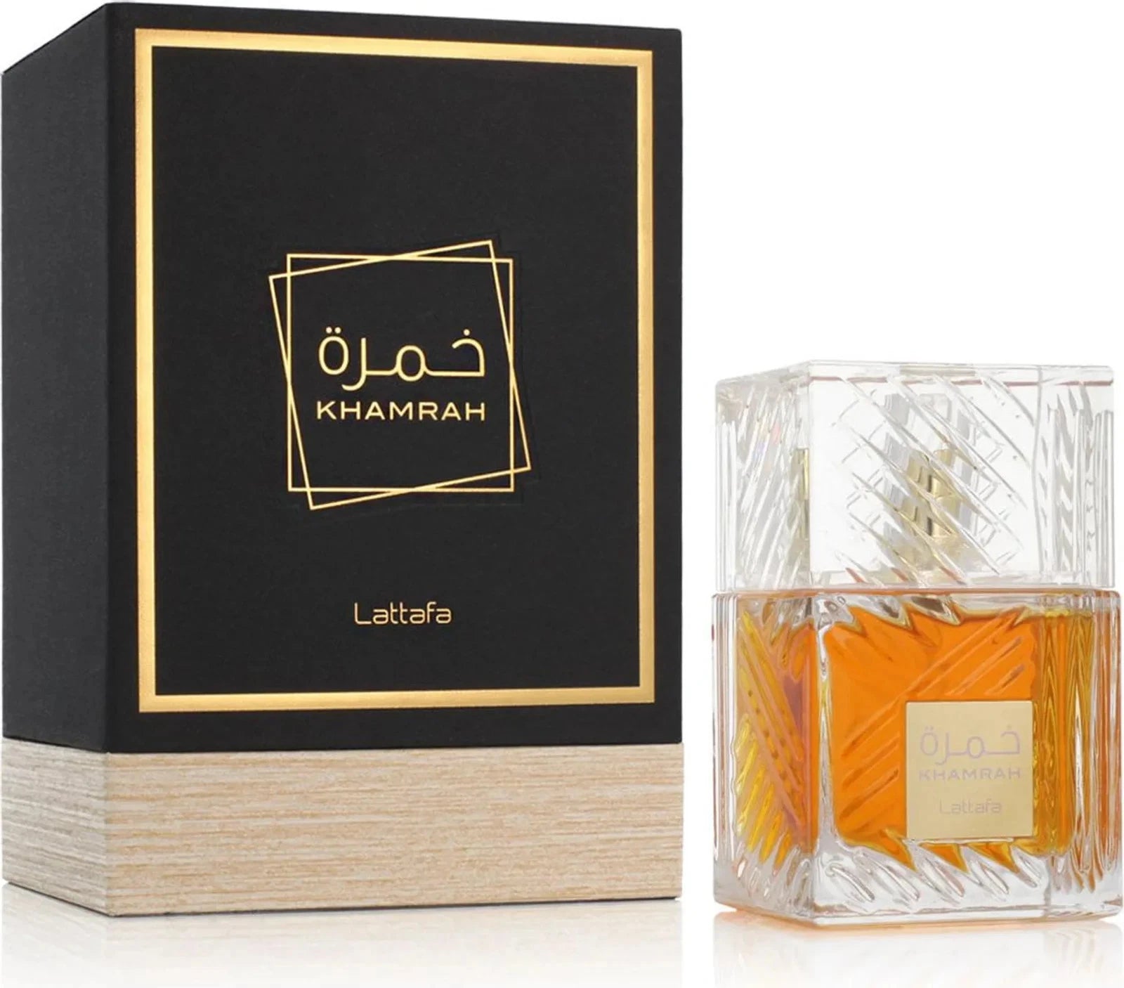 Das Lattafa Khamrah 100ml Unisex Parfum neben der dazugehörigen luxuriösen, schwarz-goldenen Originalverpackung.