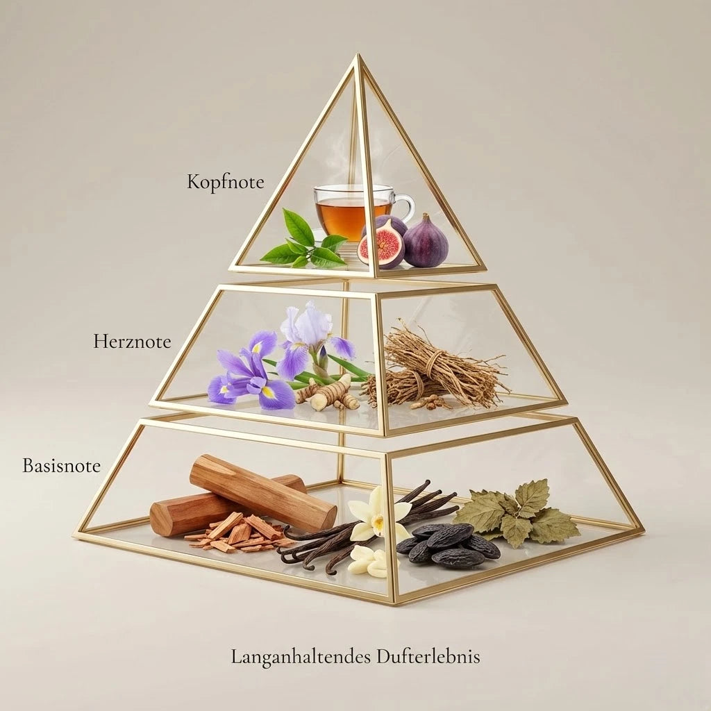 Visuelle Duftpyramide von Lattafa Liam: Kopfnote mit warmem Tee und Feige, Herznote mit Iris und Kardamom, Basisnote mit Sandelholz, Vanille und Tonkabohne.